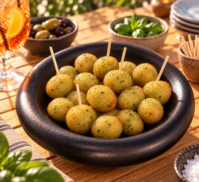 Billes de Panisse Ail & Basilic – suggestion de présentation à l’assiette