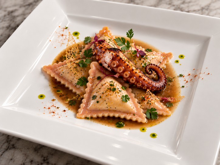 Ravioli aux Poulpes – suggestion de présentation à l’assiette