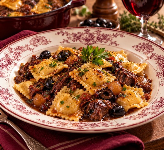 Ravioli Daube & Olives – suggestion de présentation à l’assiette