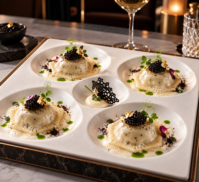 Ravioli Esturgeon & Caviar – suggestion de présentation à l’assiette