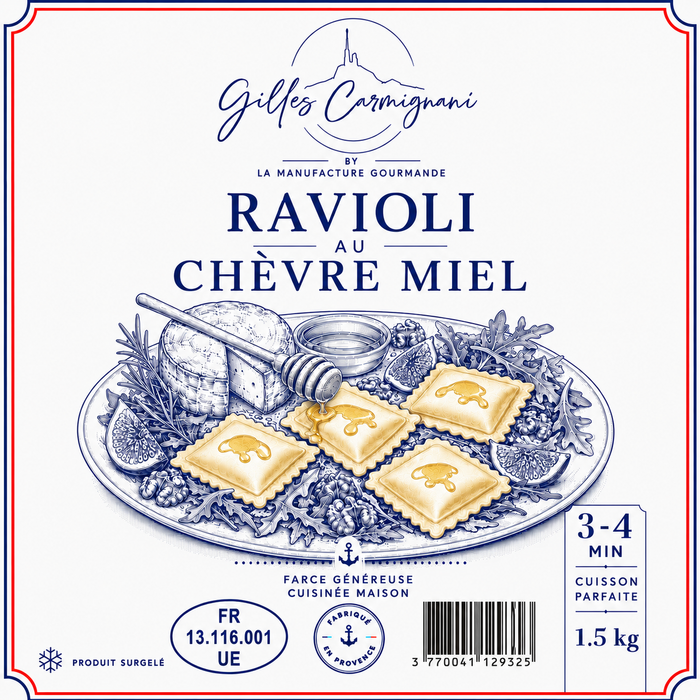 Ravioli Chèvre & Miel, signé Gilles Carmignani – visuel de l’emballage