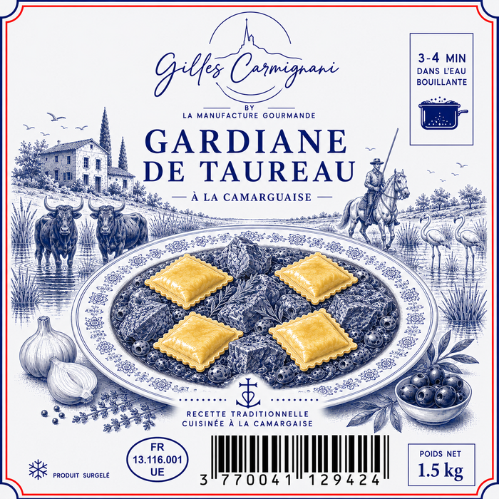 Ravioli Gardiane de Taureau, signé Gilles Carmignani – visuel de l’emballage